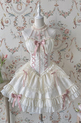 Ivory Pink Tube Top Sleeveless Blowknot Ruffled Sweet Lolita Tiered Dress